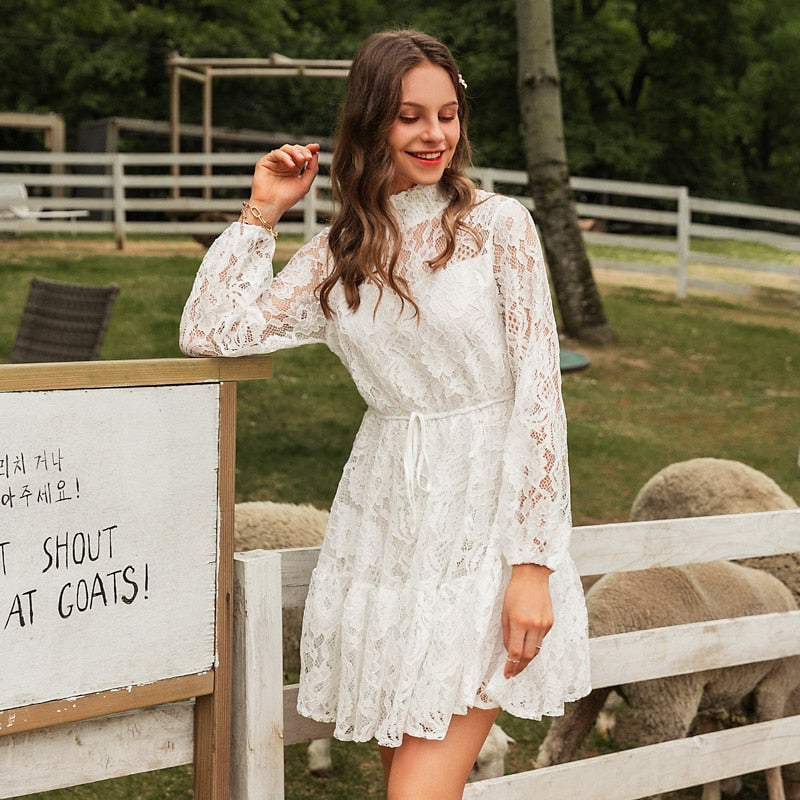 Solid White Lace Sexy V-Neck Floral Summer Cotton White Midi Dress