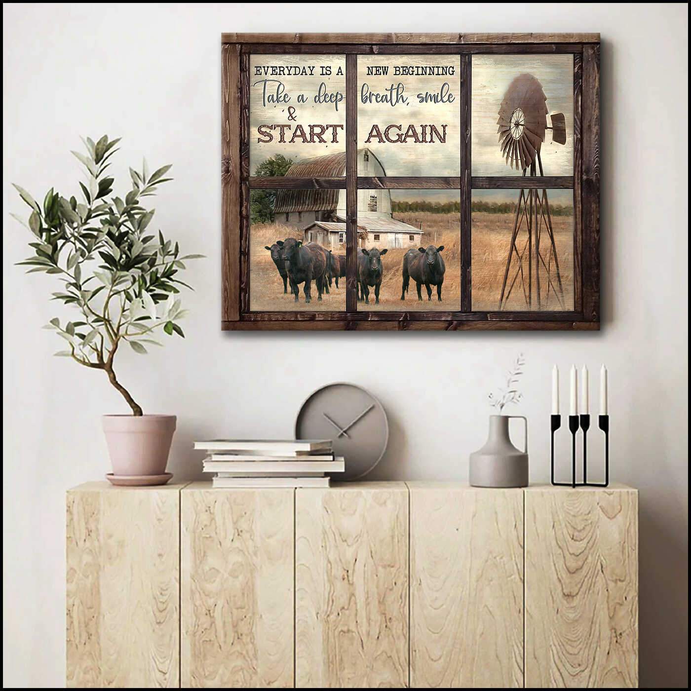 Vintage Window Everyday Is A New Beginning Take A Deep Breath Smile And Start Again Angus Cows Farm Farmhouse Canvas Poster Print, Canvas Wall Decor