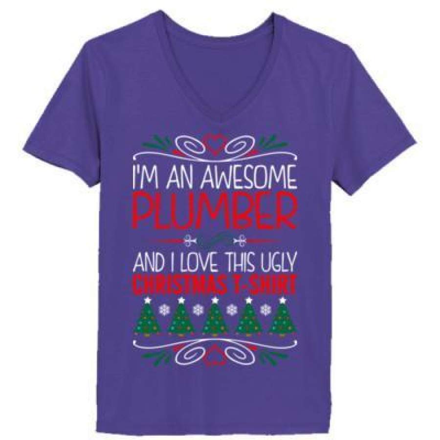 AGR Im An Awesome Plumber And I Love This Ugly Christmas – Ladies’ V-Neck T-Shirt