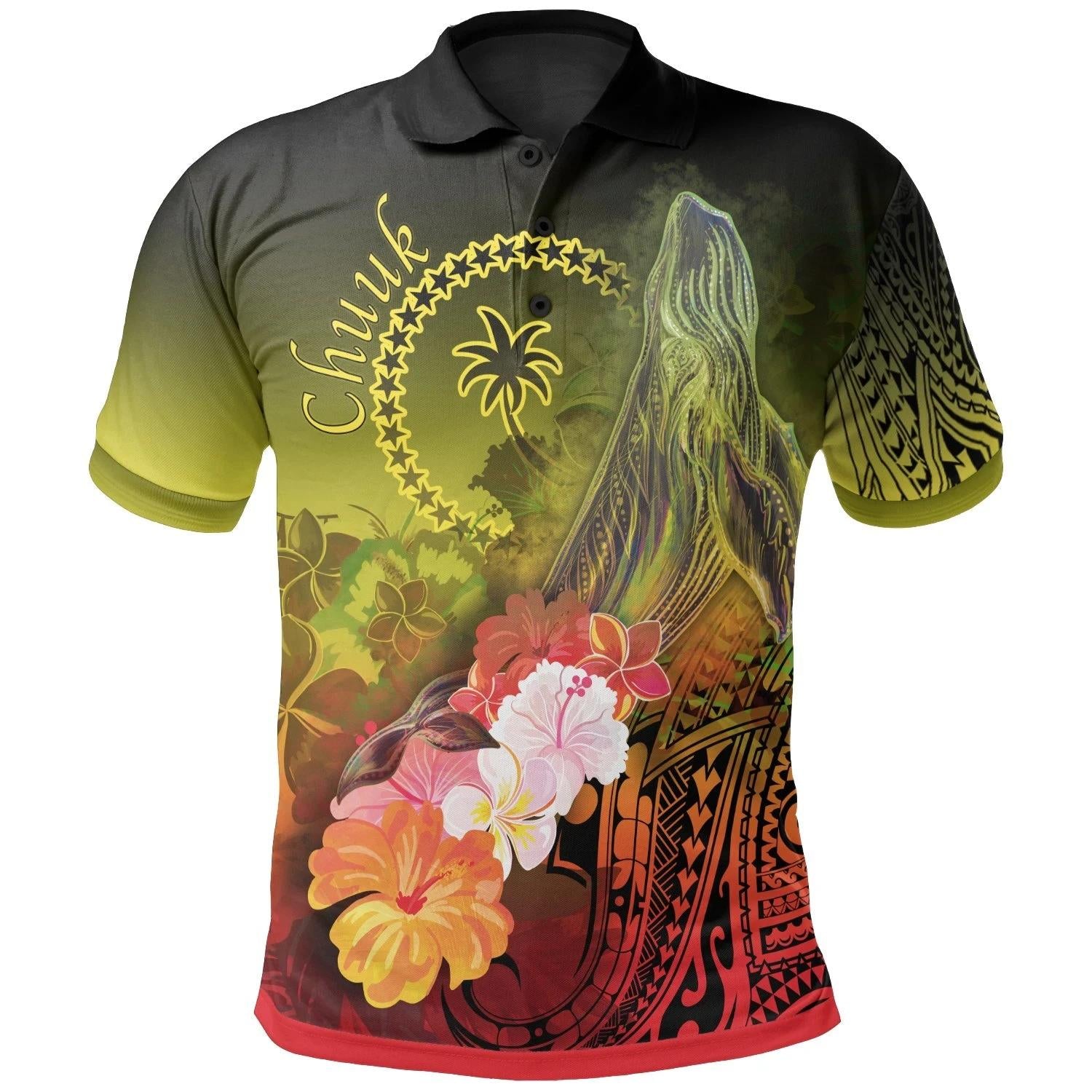 Chuuk Polo Shirt – Humpback Whale With Tropical Flowers (Yellow)- Bn18