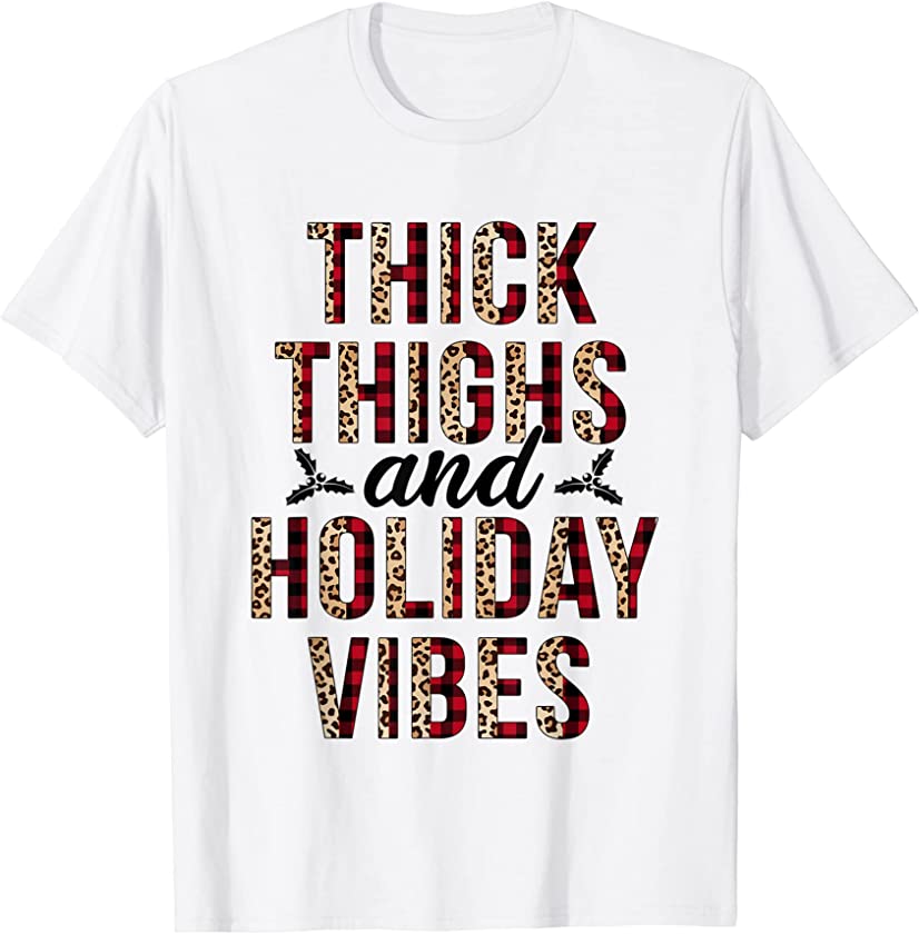 Thick Thighs and Holiday Vibes Merry Christmas Leopard Plaid T-Shirt