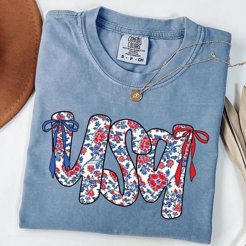 Comfort Colors Floral Coquette USA Shirt, Retro America T-Shirt, 4th Of July Gift, 4th Of July, Coquette Bow Shirt, Patriotic Tee