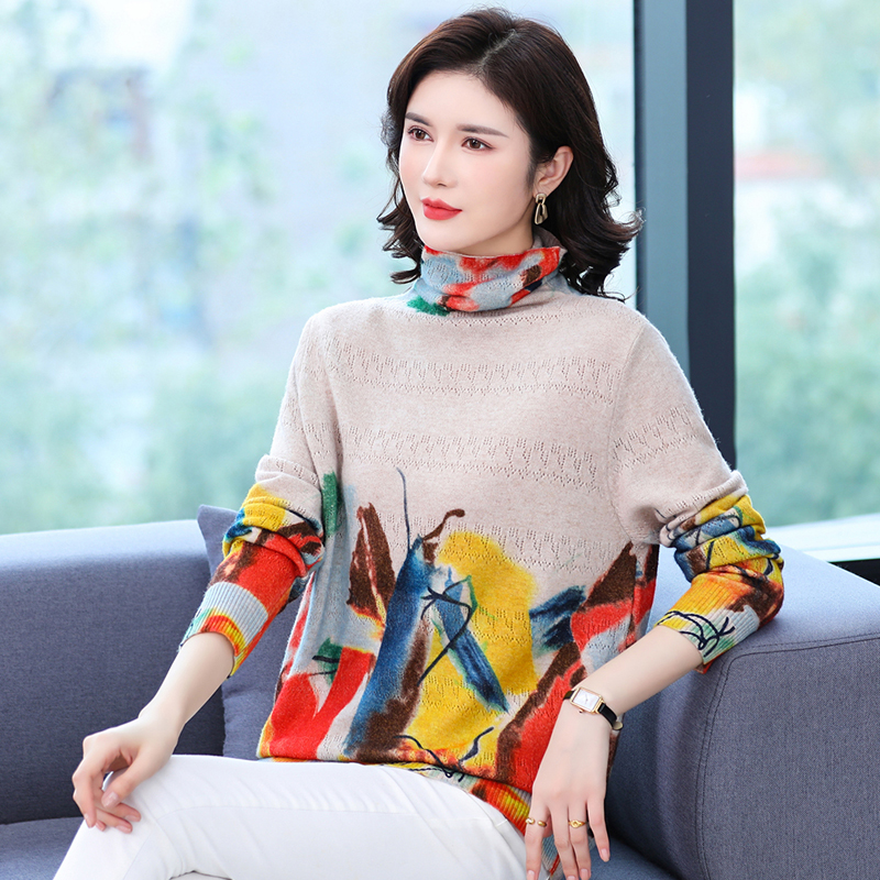 YISU 2021 Sweater Women High collar printing Loose Warm Long sleeve Sweater Women Autumn Winter Elastic Casual Female Pullove alx