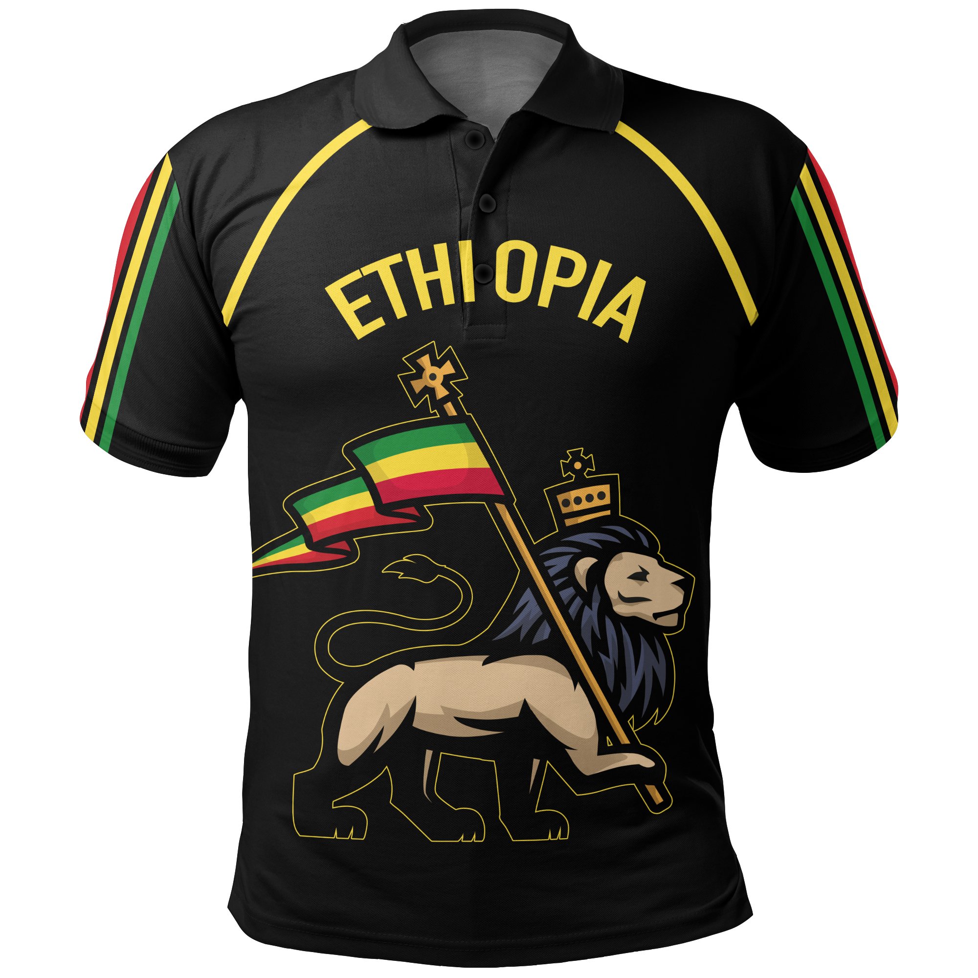 1stTheWorld Ethiopia Polo T-shirt Flag Lion Black A10