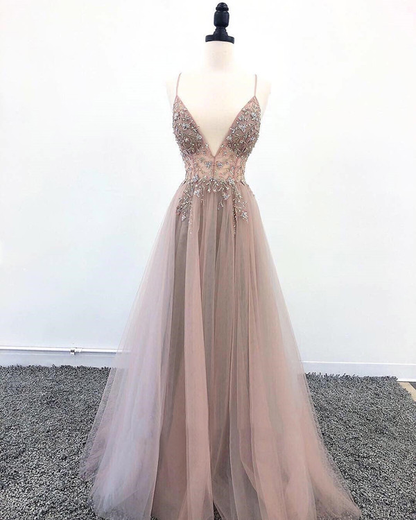 HONGFUYU Spaghetti Straps Prom Dresses Sleeveless Beading Evening Dress Long Vestido Longo A Line Formal Party Gowns Tulle alx