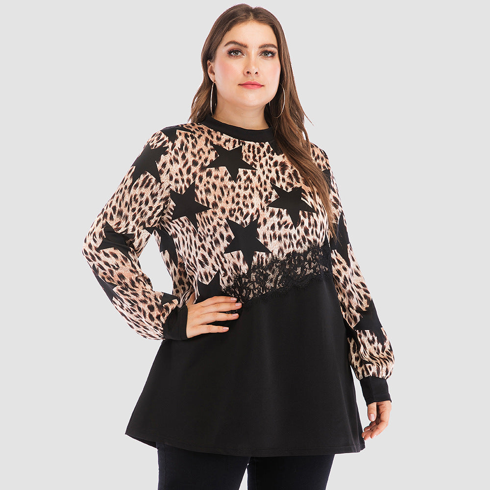 Women Plus Size Black Star Leopard Print Medium Length Loose T-Shirt Jjr5689