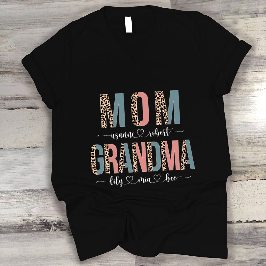 Personalized Mom And Grandma Leopard V-Neck