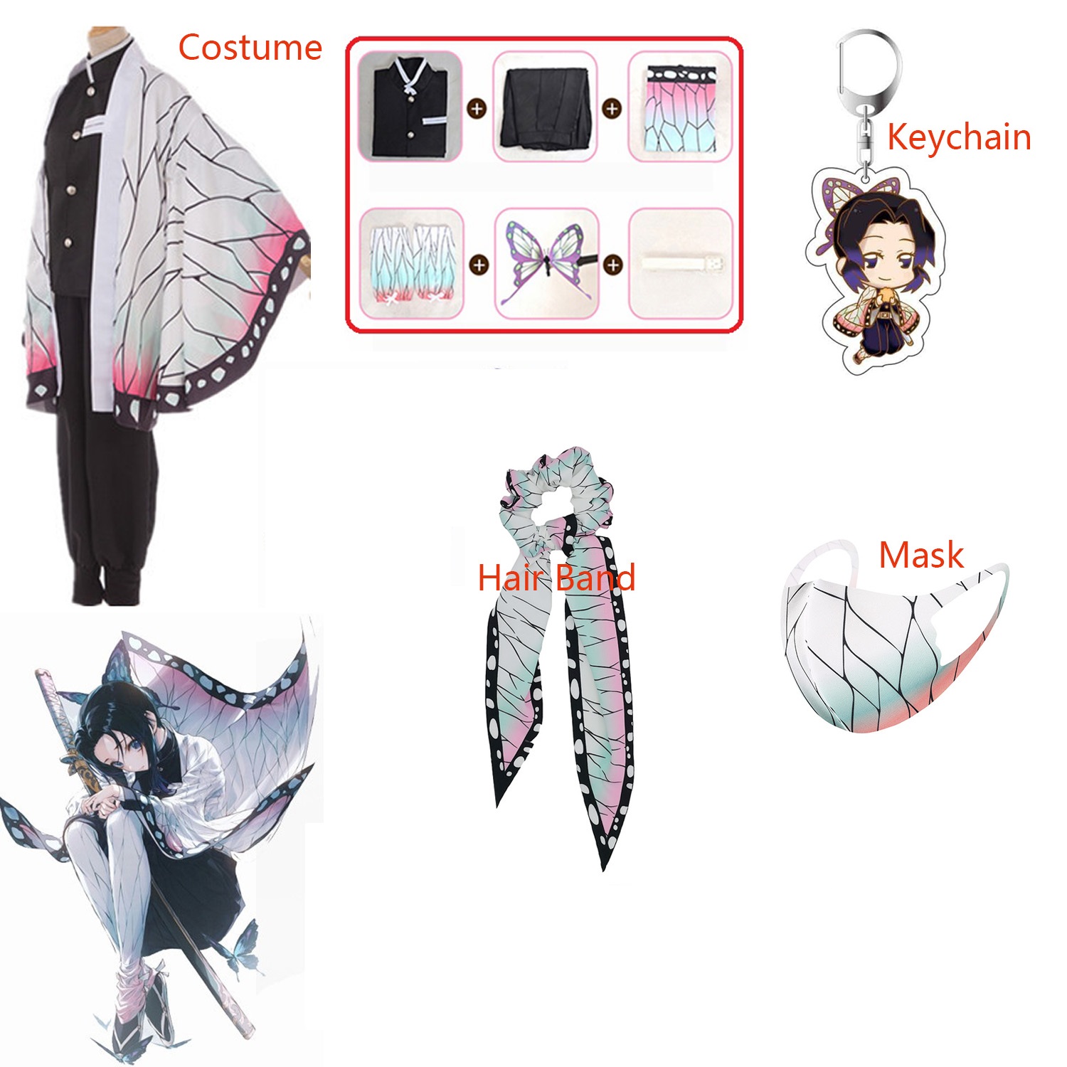 Anime Demon Slayer Kochou Shinobu Cosplay Costume Figure Keychain Shoes Wig Kids Women Girls Kimono Halloween Xmas Party Clothes alx