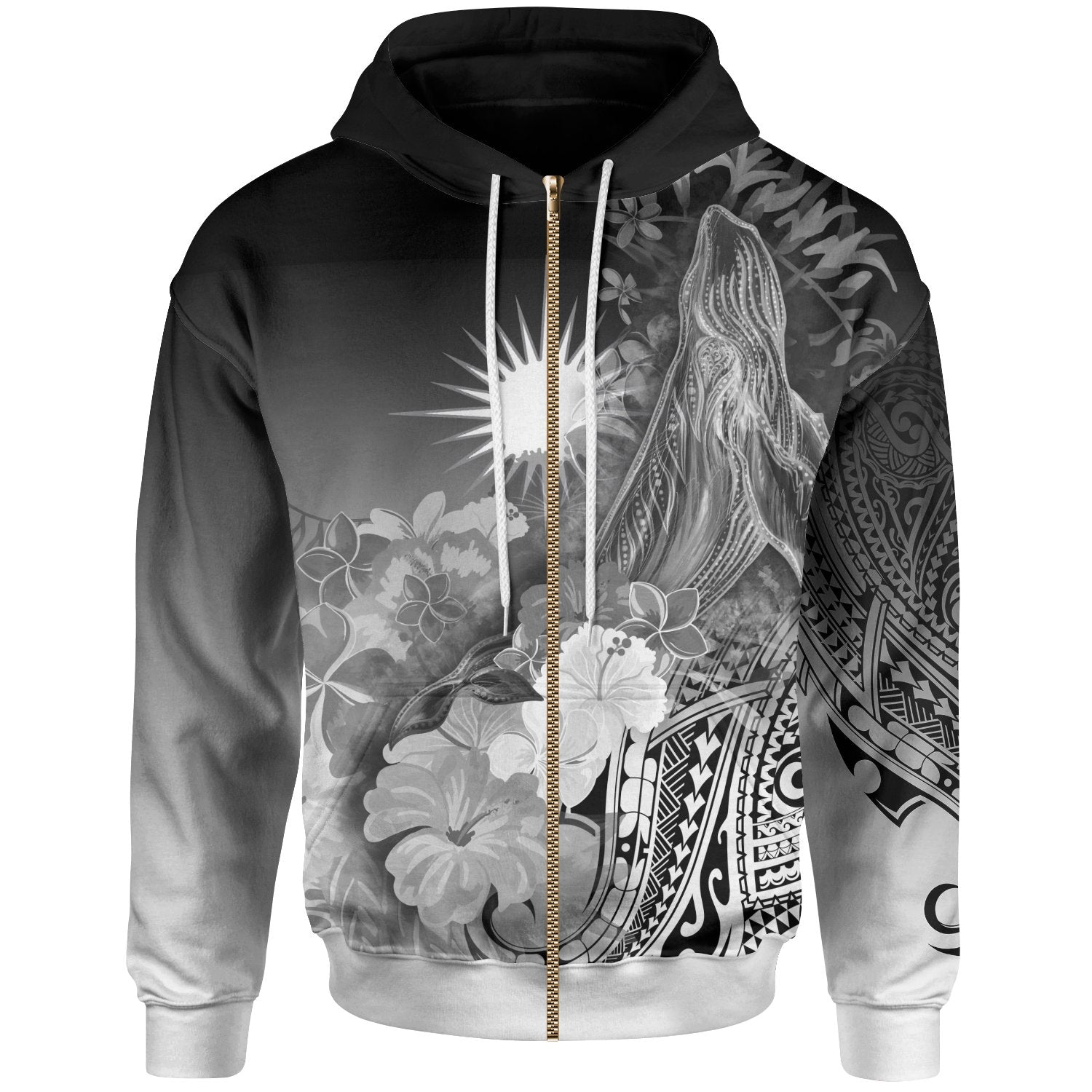 Marshall Islands Zip-Up Hoodie – Humpback Whale With Tropical Flowers (White)