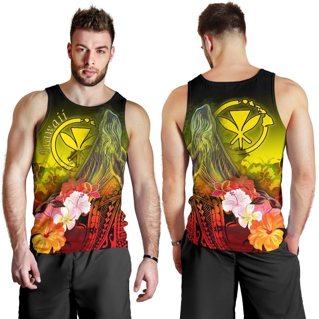 Polynesian Hawaii Men’S Tank Top – Kanaka Maoli Humpback Whale With Tropical Flowers Yellow