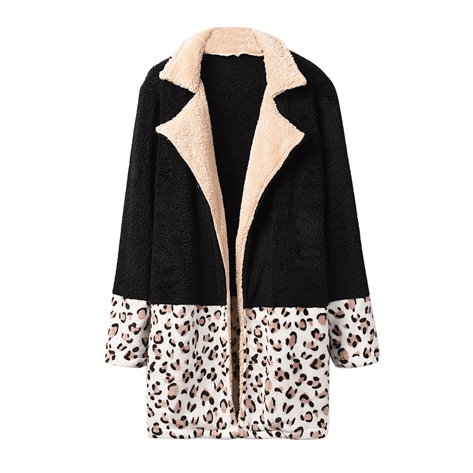 Womens Autumn Winter Leisure Leopard Print Stitching Plush Cardigan Coat Jacket alx