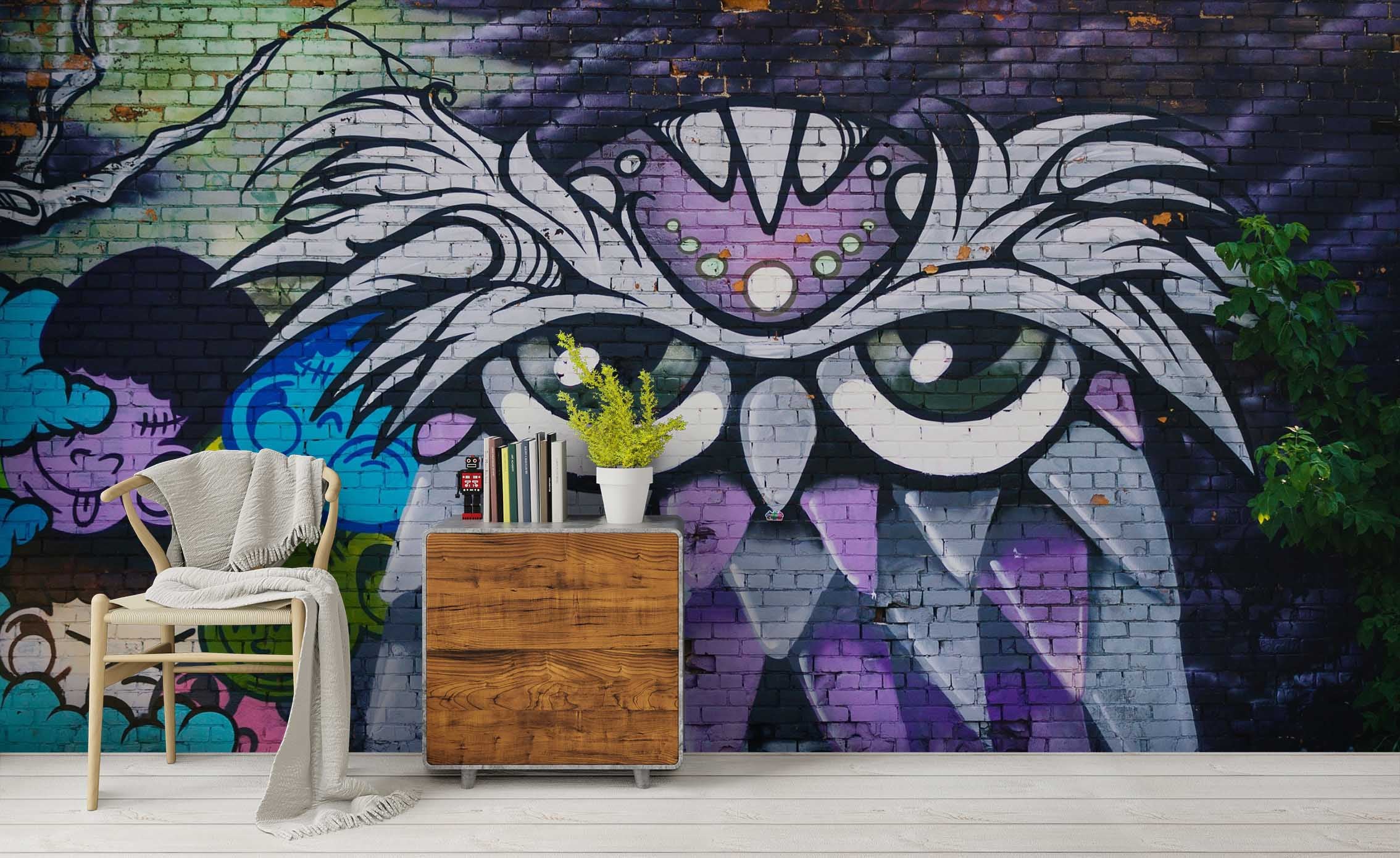 3D Colourful Graffiti Art Animal Owl Wall Mural Wallpaper Zy D112