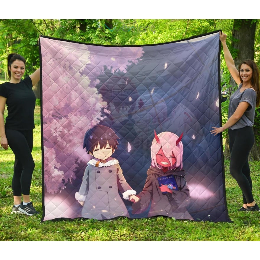 Darling In The Franxx Anime Cute Little Hiro And Red Zero Two Holding Hands Cherry Blossom Premium Quilt Blanket