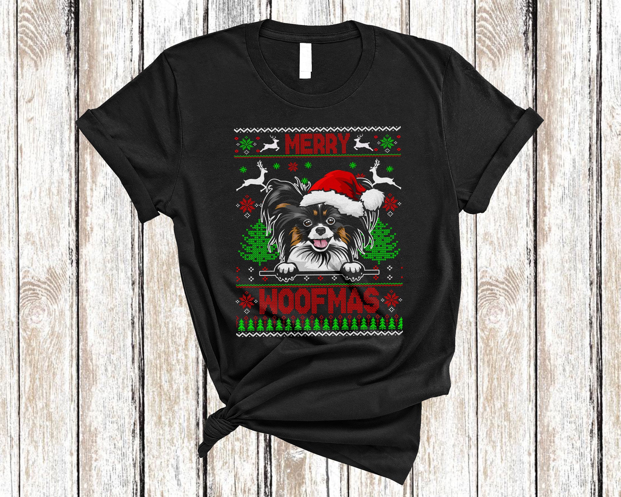 Christmas Dog Shirt Merry Woofmas Funny Ugly Christmas Santa Papillon Dog Sweater Gifts T-Shirt