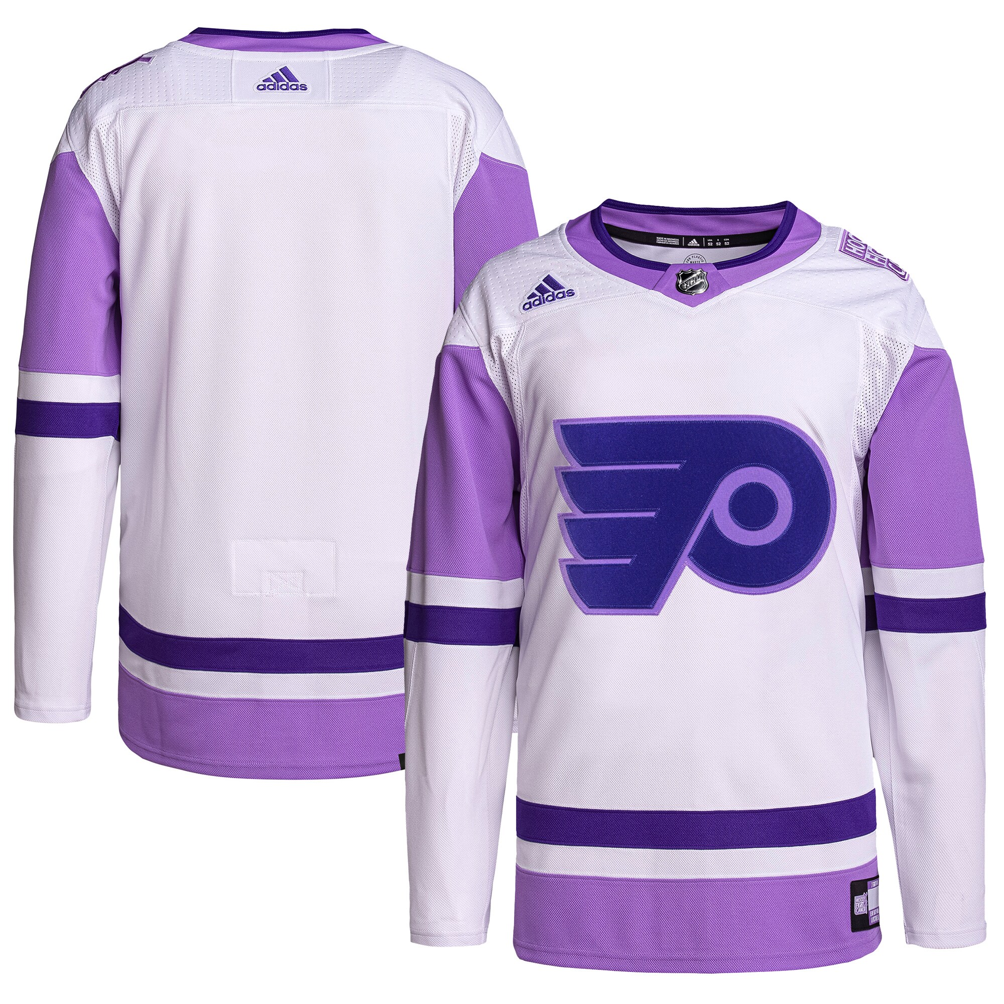 Men's Philadelphia Flyers adidas White/Purple Hockey Fights Cancer Primegreen Authentic Blank Practice Jersey