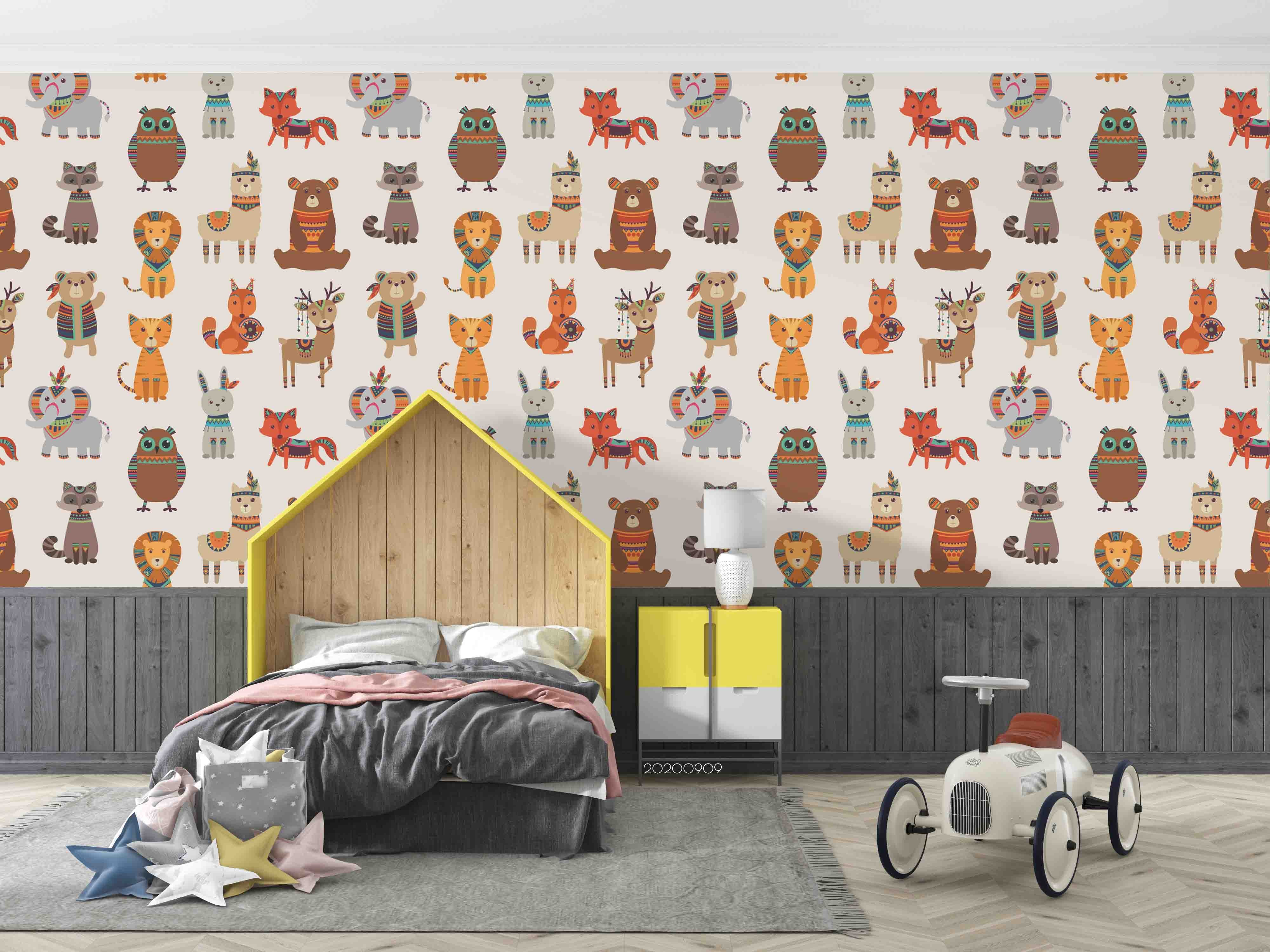 3D Cartoon Elephant Fox Lion Animal Pattern Wall Mural Wallpaper Lxl