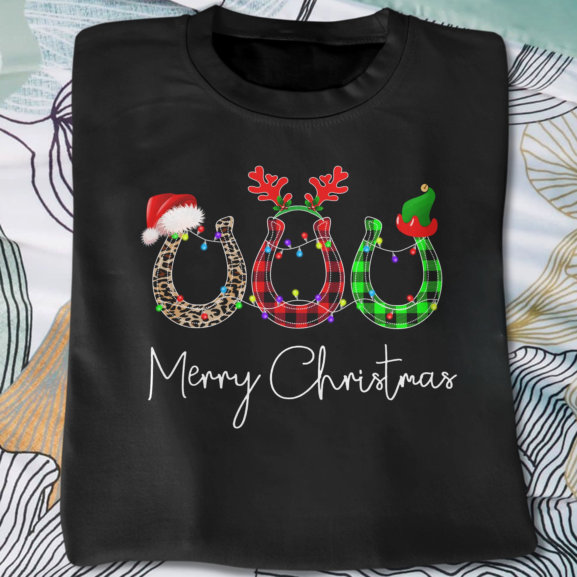 Christmas Horsechoe Leopard Plaid Santa Hat Horse Christmas Graphic Unisex T Shirt, Sweatshirt, Hoodie Size S – 5XL