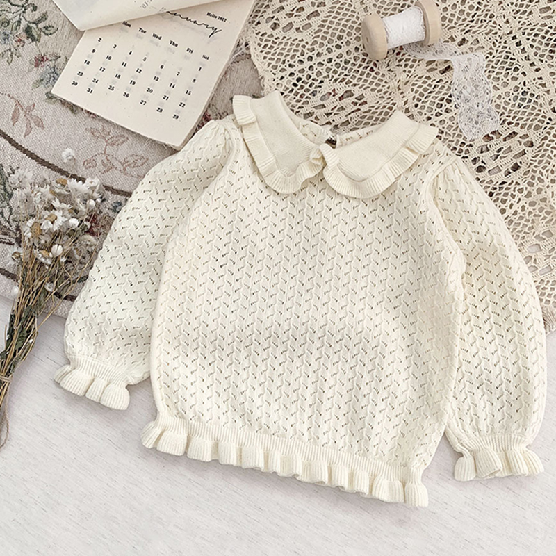 2022 Kids Knitted Pullover Girls Long Sleeve Knit Ruffle Sweater Hollow Cotton Autumn Baby Clothing Girls Pullover Sweaters alx