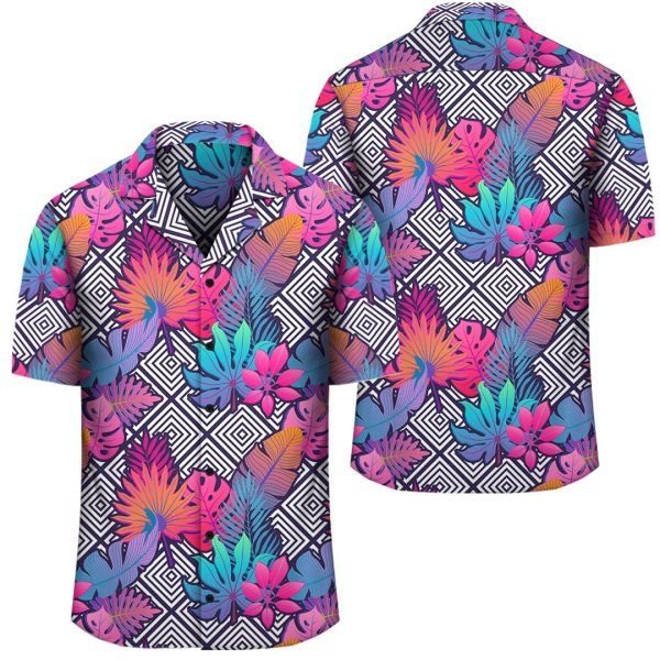 Tropical Exotic Leaves And Flowers On Geometrical Ornament Hawaiian Shirt