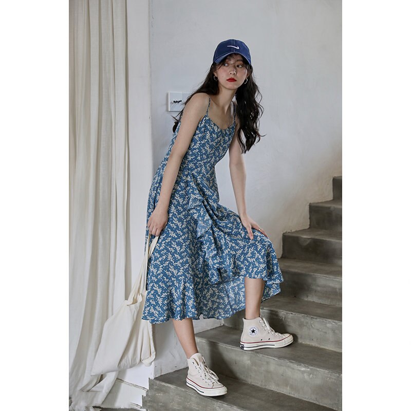 Women Sleeveless Dresses Floral Backless Chiffon Spaghetti Strap Mid-calf Vintage Vestido Loose New Stylish Elegant Retro Dress alx