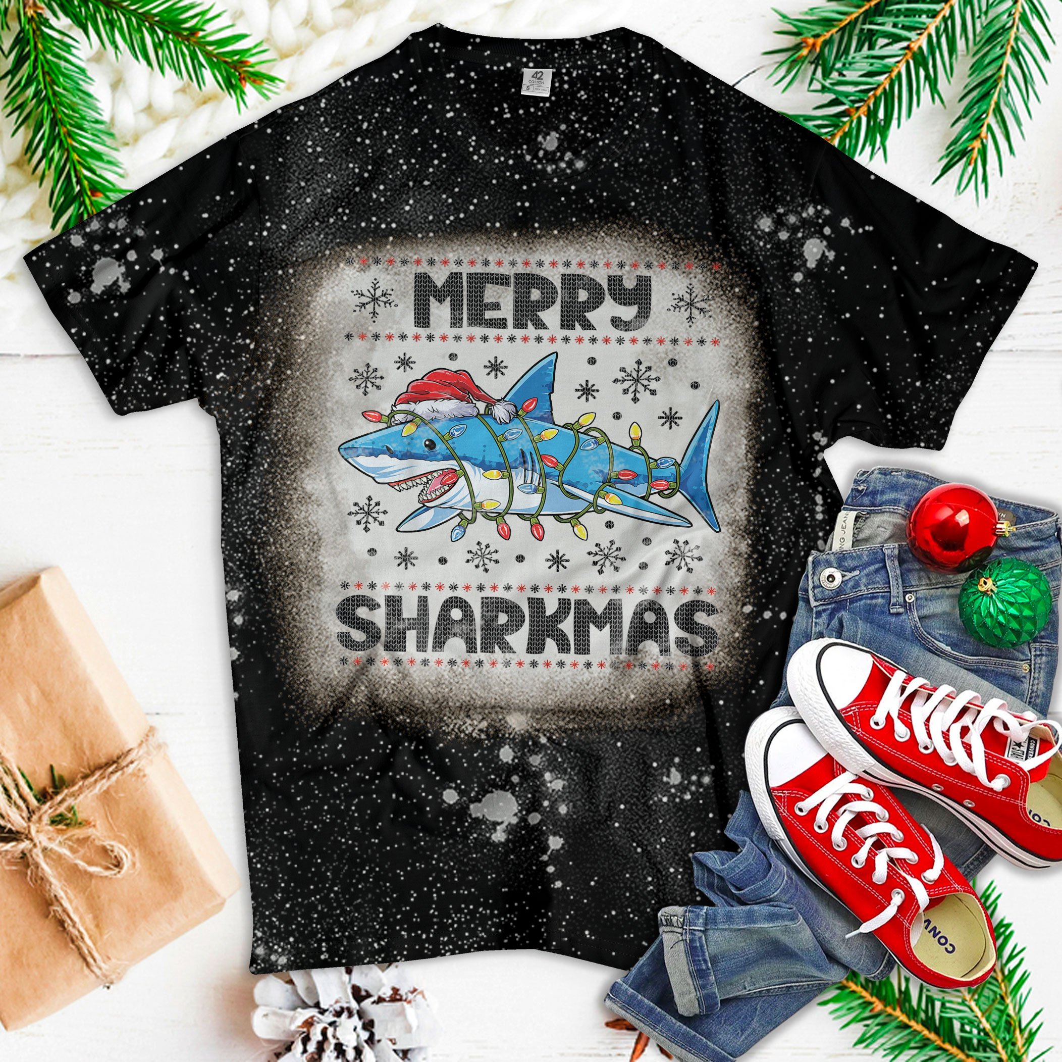 Merry Sharkmas Shark Santa Ugly Christmas Lights Boys Xmas Bleached T-Shirt