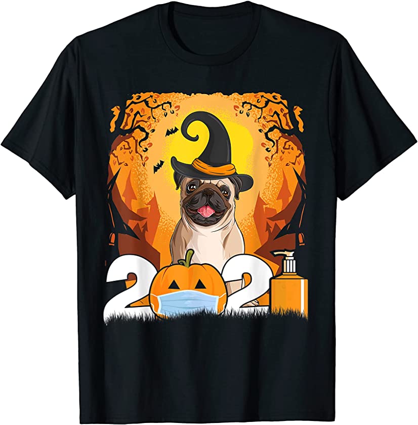 Dog Pug Witch Hat Funny Halloween 2021 Puppy Lover T-Shirt