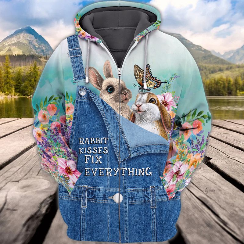 Rabbit Kisses Fix Everything Rabbit Lover 3D Full Print Fleece Zipper