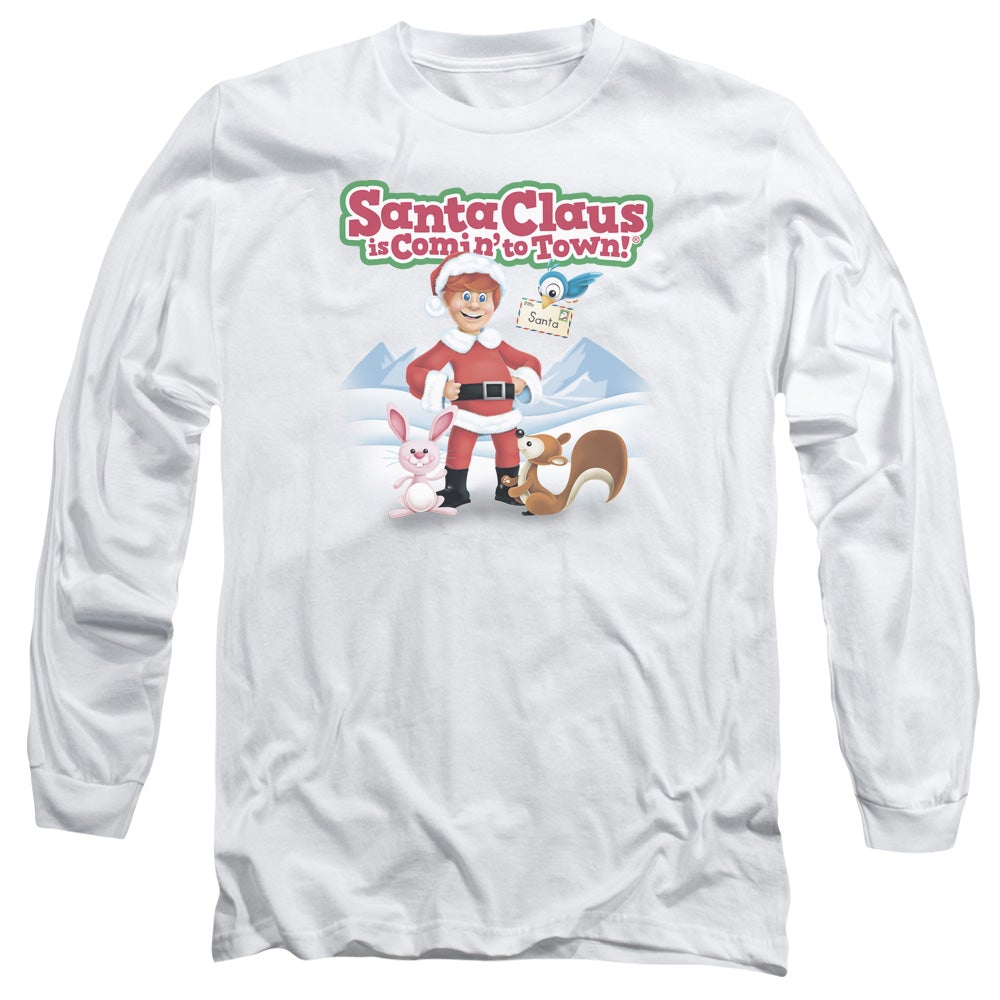 Santa Claus Is Comin To Town Animal Friends Mens Long Sleeve Shirt White