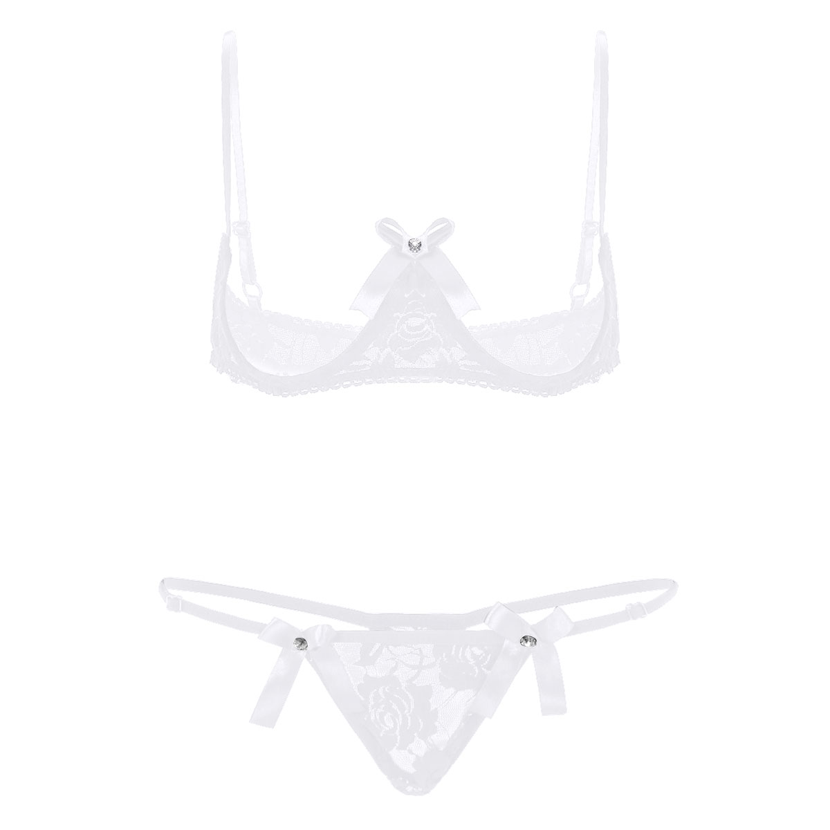 Women Open Cup Bra Top Sexy Cupless Exposed Breasts Underwired Bra with G-string See Through Sheer Lace Sexy Exotic Lingerie Set alx