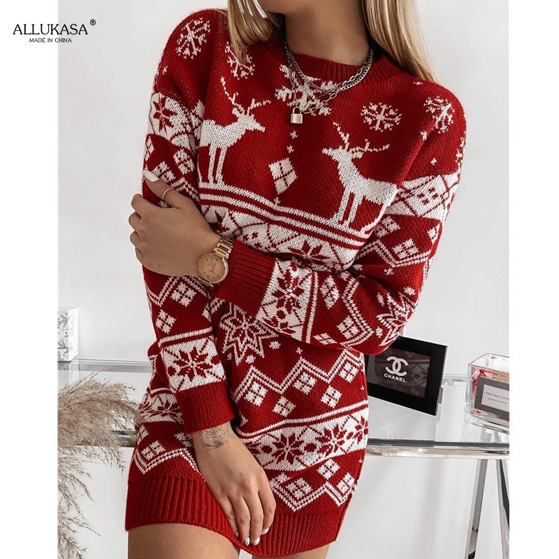 Christmas Theme Ladies New Sweater Elk Snowflake Christmas Jacquard Knitted Dress Skirt Print 2021 Autumn and Winter Women Long alx