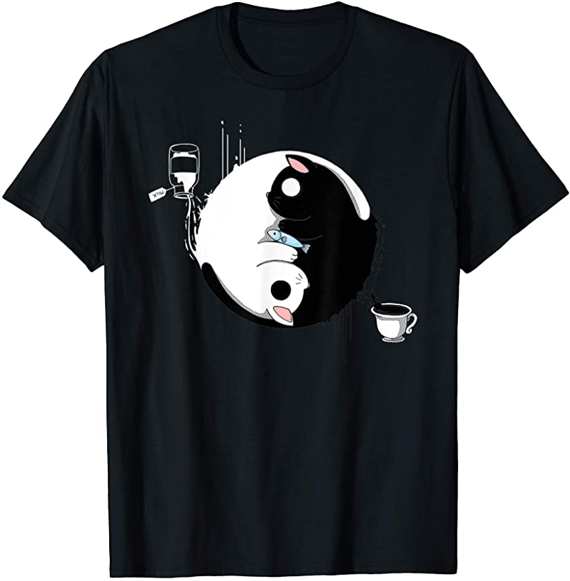 Yin Yang Moon Cat Cute Coffee Milk balance Animal Lover Fish T-Shirt