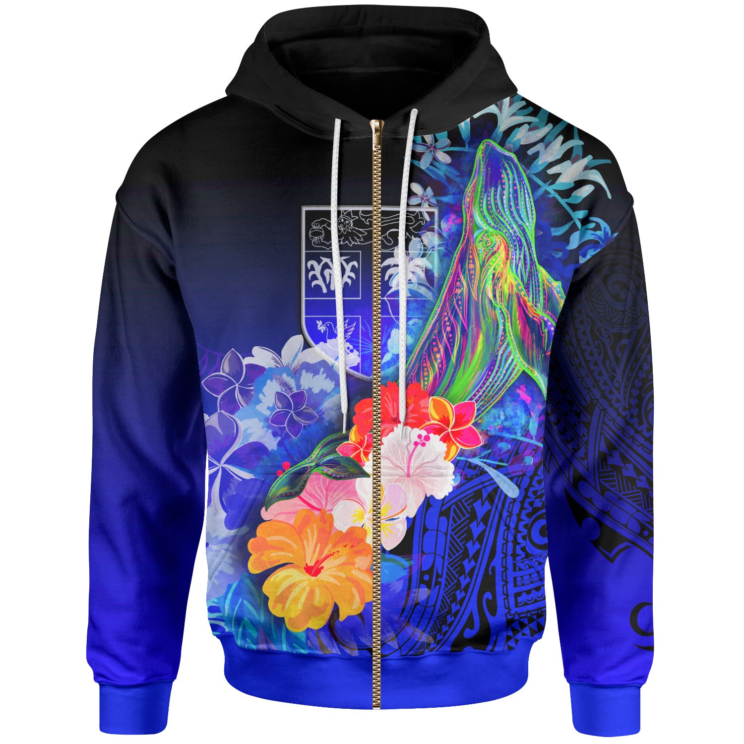 Fiji Zip-Up Hoodie – Humpback Whale with Tropical Flowers (Blue)- BN18