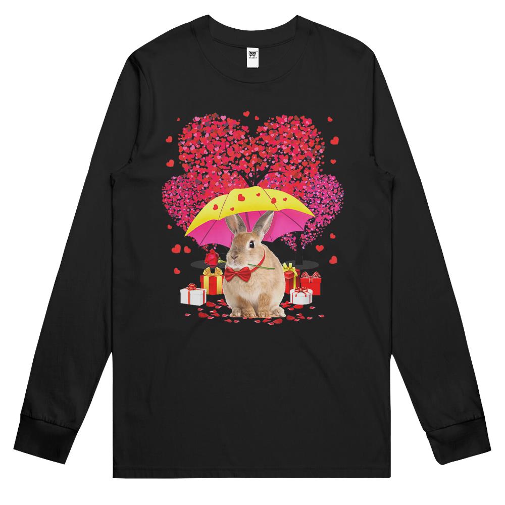 Rabbit Bunny Valentines Day Three Tree And Raining Hearts Long Sleeve T Shirts