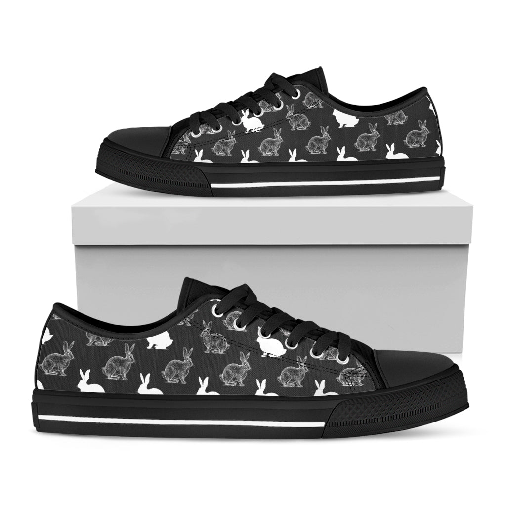 Black And White Rabbit Pattern Print Black Low Top Shoes