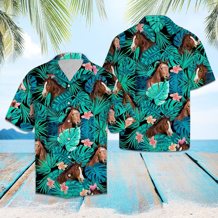 American Quarter Horse Green Tropical Hawaiian Shirt Summer Button Up For Men, Women, Couple