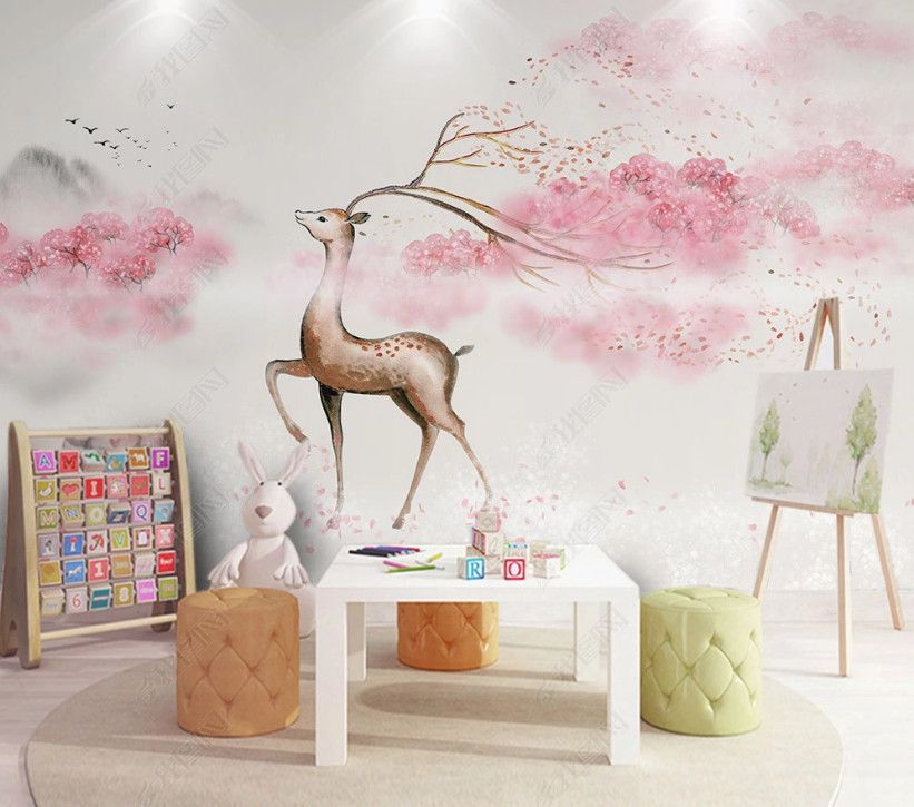 3D Hand Drawn Pink Floral Tree Mountain Deer Animal Background Wall Mural Wallpaper Lxl