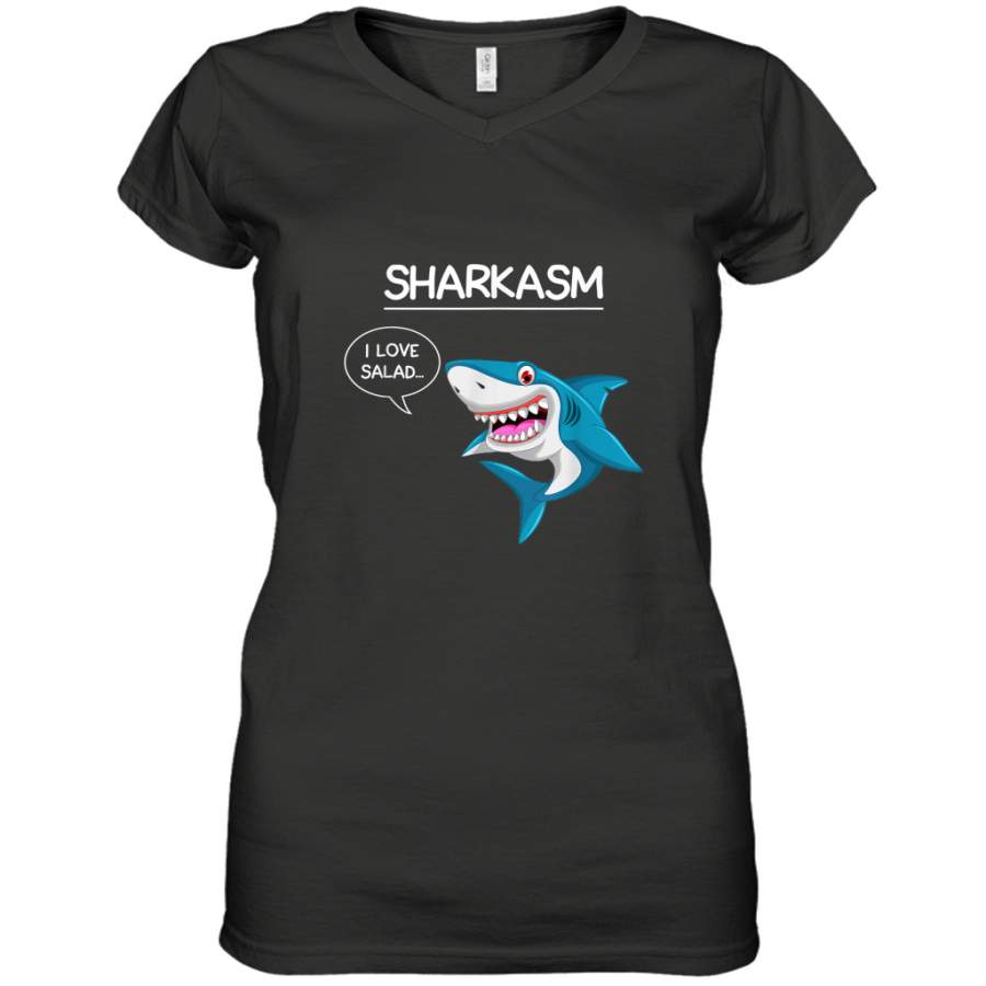 Sharkasm Sharks I Love Salad Shark Lover Funny shirt Women’s V-Neck T-Shirt