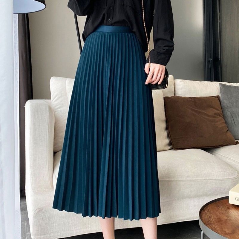 Women’s Skirt 2022 Spring Autumn New Office Lady Commuter Solid High-waisted Loose Elegant Fashion Pleated Midi Skirt Female alx