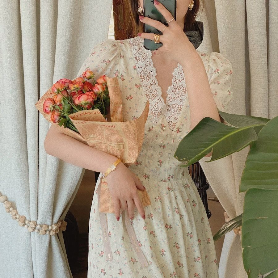 Vintage Floral Dress Women Elegant Lace Chiffon Korean Party Dress Puff Sleeve V Neck Midi Dress Fall Dresses for Women 2022 alx