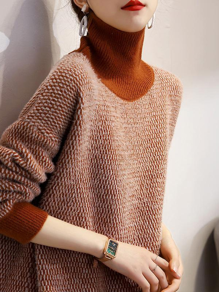 Winter Color Contrast Plush Thickening Turtleneck Sweaters Women New Classic Long Sleeve Loose Pullover Knitting Lady Top 2022 alx