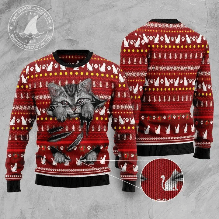 Unifinz Cat Christmas Sweater Cat Scratch 3D Red Ugly Sweater 2022