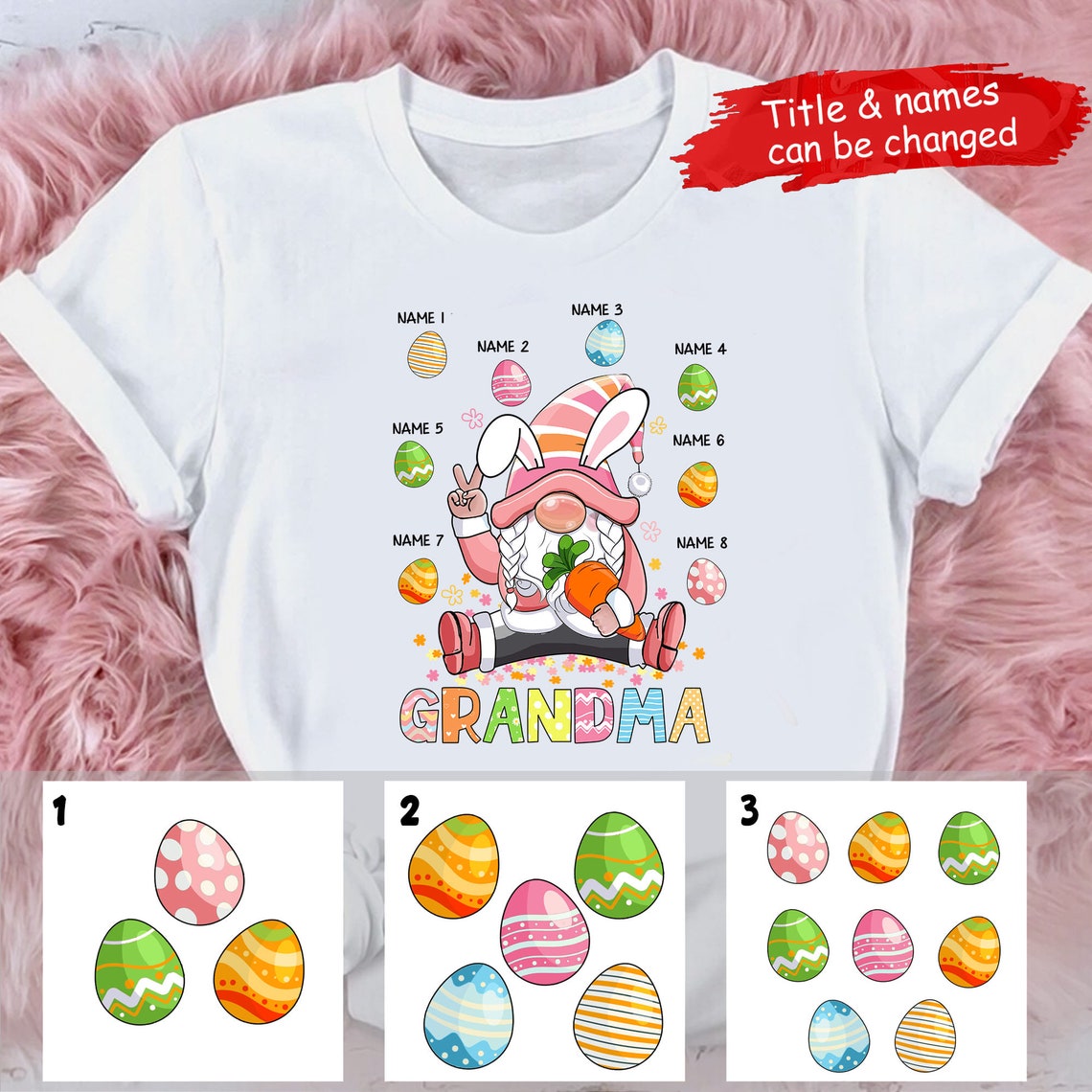 Personalized T-Shirt For Grandma Bunny Gnome & Colorful Easter Eggs Printed Custom Grandkids Name Happy Easter Day Shirt