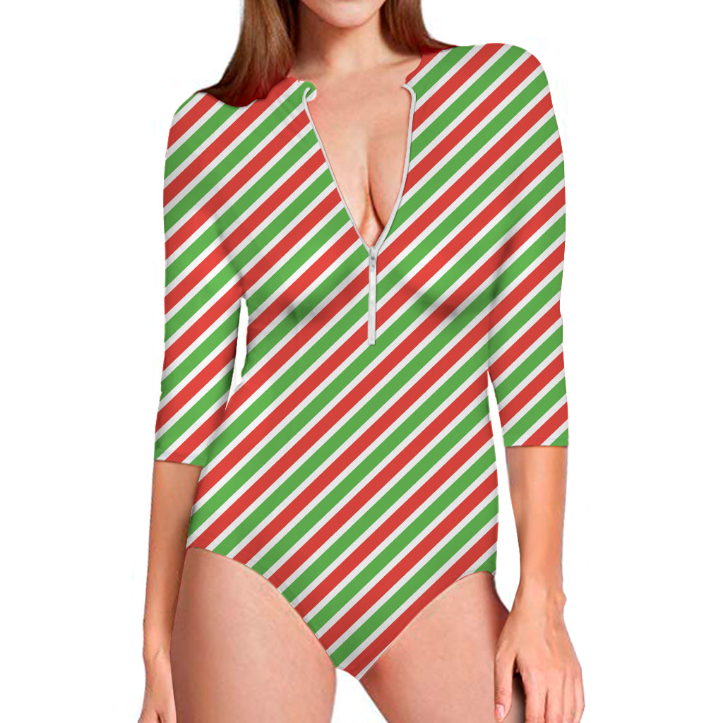 Red Green And White Candy Cane Print Long Sleeve One Piece Swimsuit