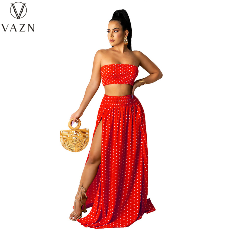 VAZN 2021 Top Quality Dot Chiffon Beach Joker Holiday Strapless Ball Gown Maxi Skirts Slim Women 2 Piece Set alx