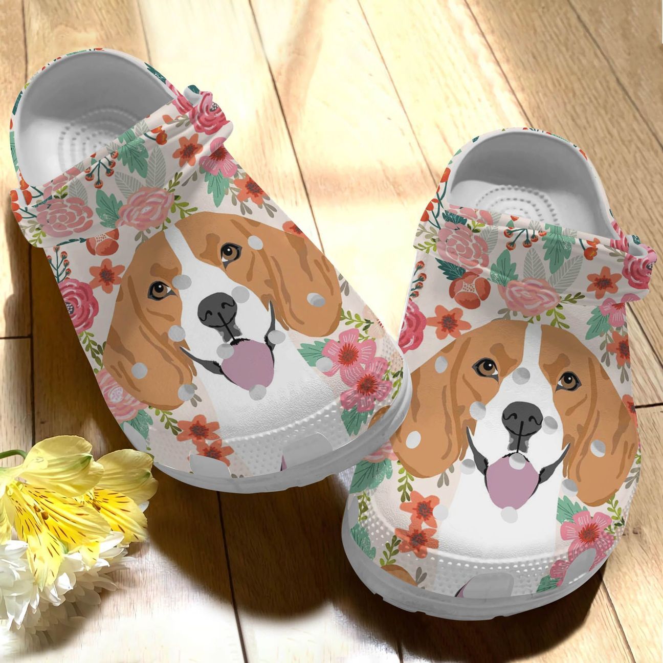 Beagle Personalize Clog, Custom Name, Text, Fashion Style For Women, Men, Kid, Print 3D Floral Background