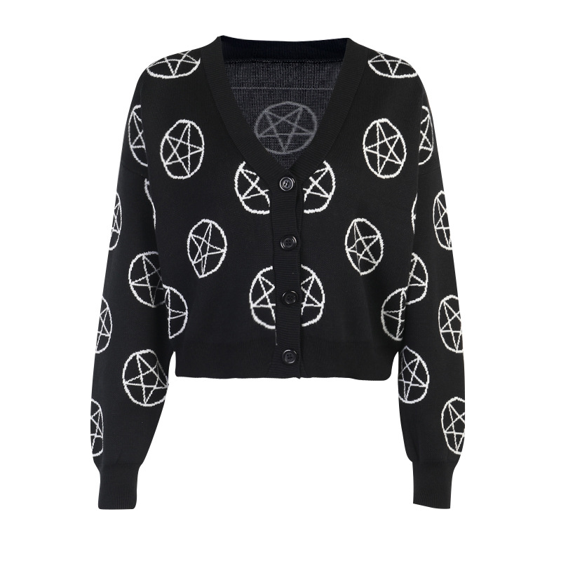 Women Gothic Black Pentagram Knitted Crop Knitwear Long Sleeve Button Down V-Neck Black Grunge Y2K Sweater Cardigan Autumn Coats alx