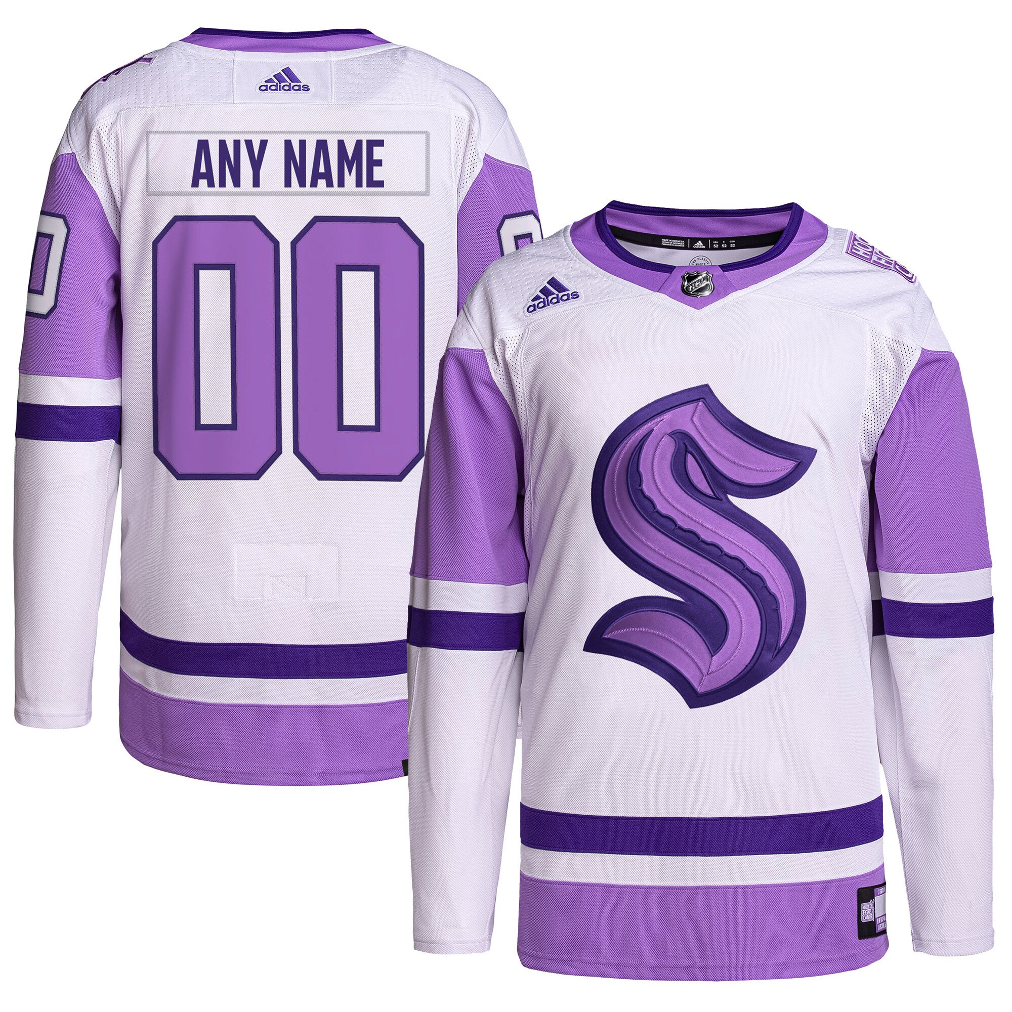 Men's Seattle Kraken adidas White/Purple Hockey Fights Cancer Primegreen Authentic Custom Jersey