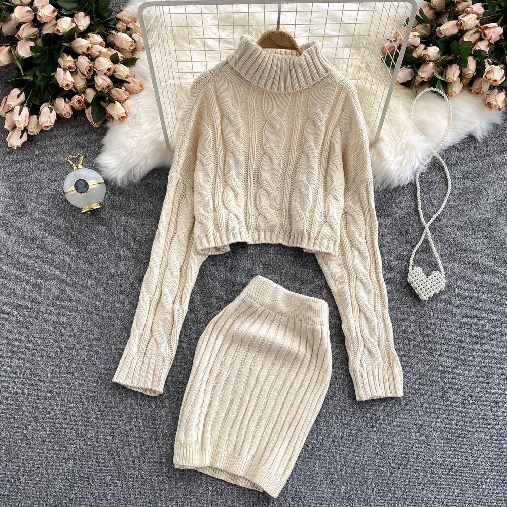 Turtleneck Pullover Sweatshirt Knitted Skirt Suit Two-piece Women’s Autumn And Winter Warm Sweater Sportswear Sports Suit Women alx