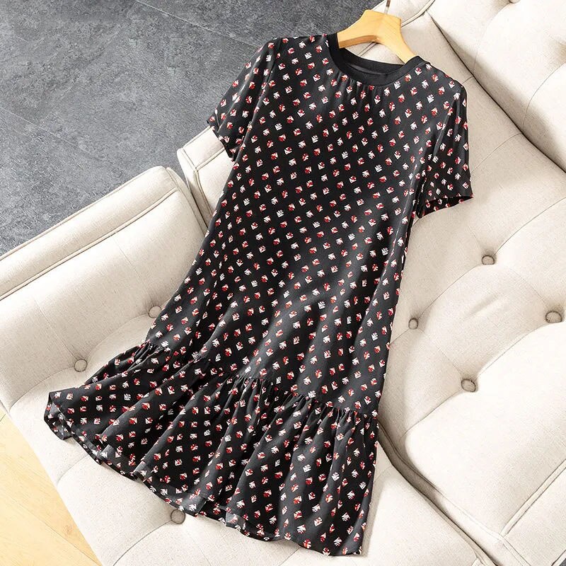 Summer New Sweet Fashion O-Neck Floral Dress for Women Korean Short Sleeve Elegant Printing Ruffles Dresses Female Clothing 2022 alx