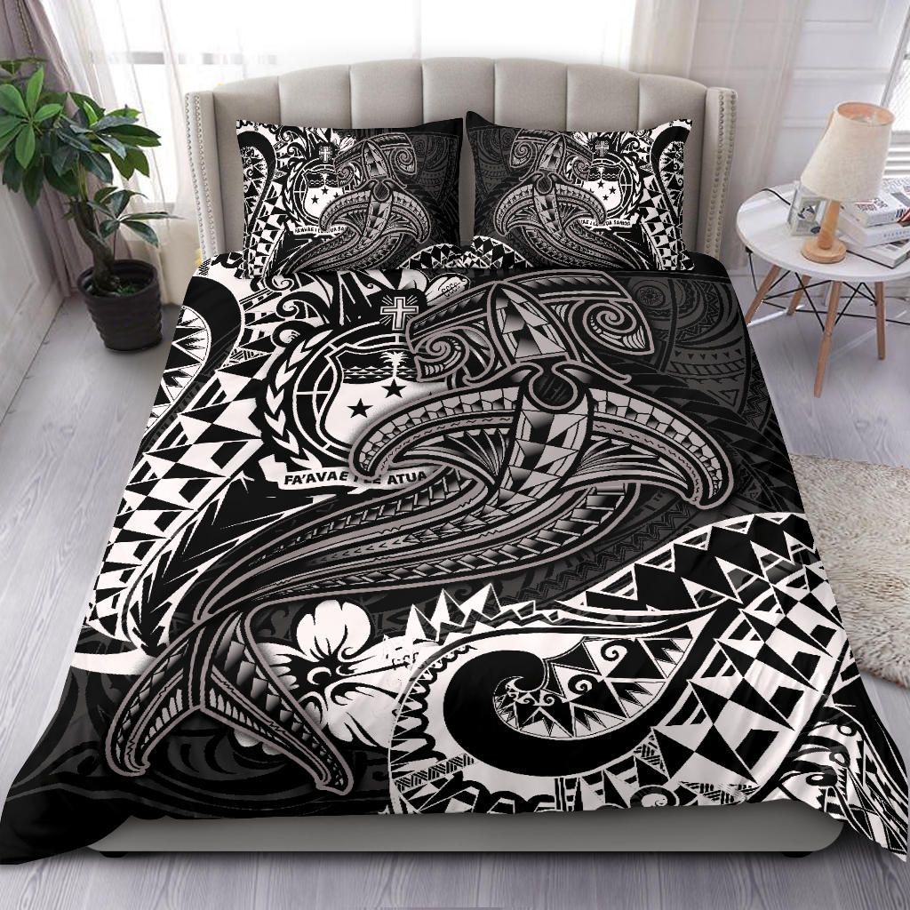 Alohawaii Bedding Set – Cover And Pillow Cases Samoa – White Shark Polynesian Tattoo – Bn18